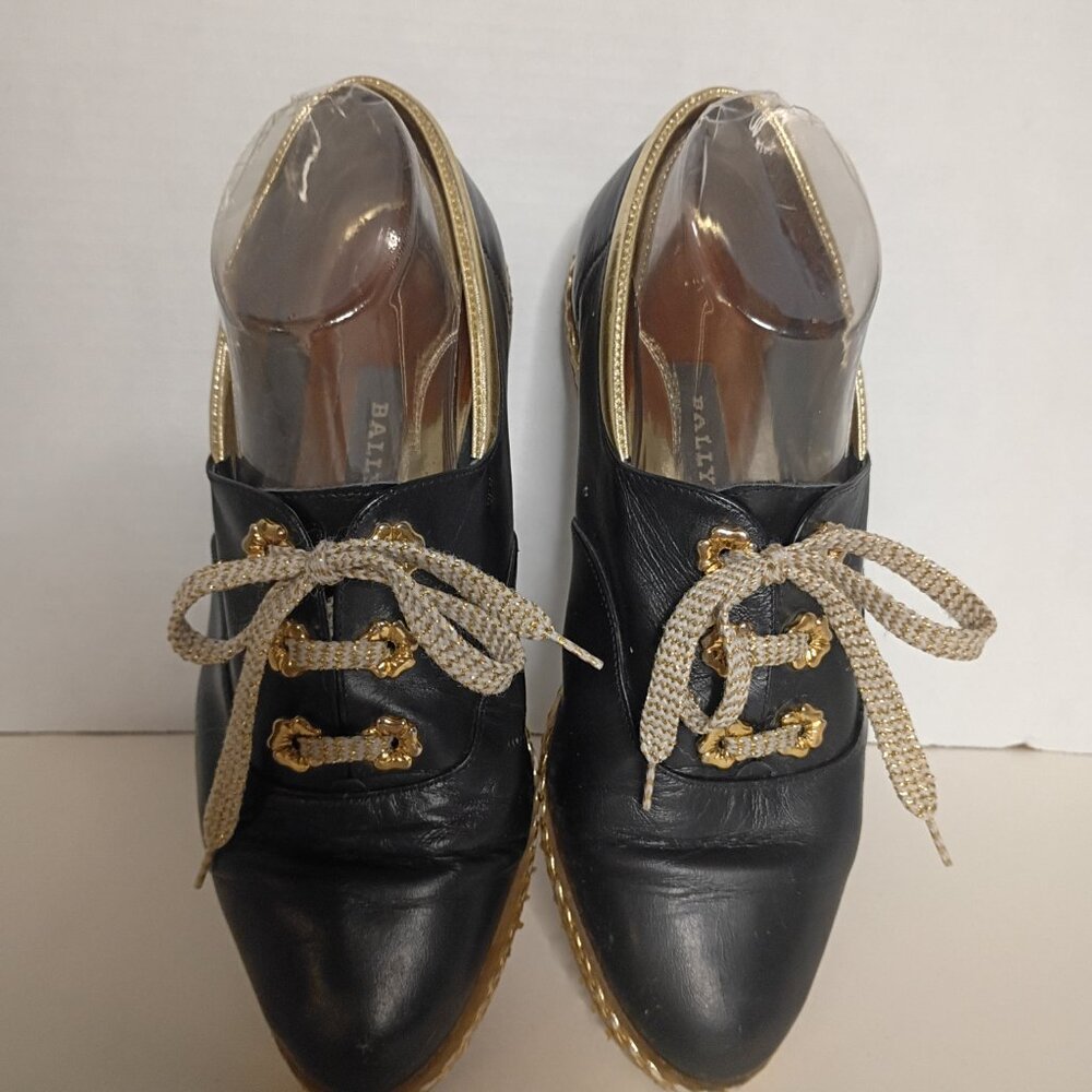 Y2K BALLY "Jallut" Italian Oxford Flats Black Leather Gold Trim Sz 9M - Picture 3 of 15
